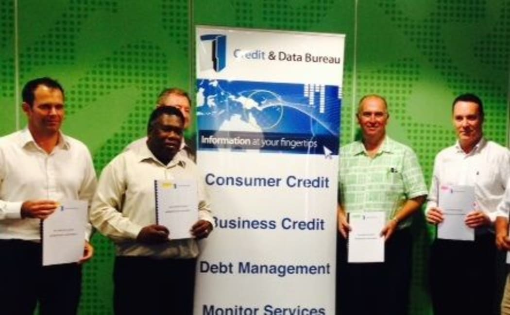 Launching of SI Credit Bureau 12 Feb 2015. From left to right, Elliot Griffin (Westpac), Denton Rarawa (SI Central Bank Governor), Bruce Mackinlay (Credit and Data Bureau SI), David Anderson (BSP), Geoffrey Buchanan