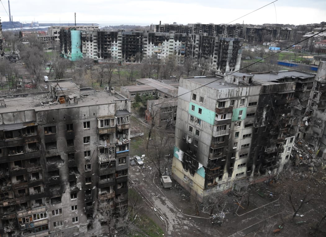 Residential buildings damaged by the shelling in Mariupol on 14 April, 2022.