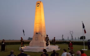 Obilisk war memorial at daybreak with guards and wreaths at Somme 100 year commemorations