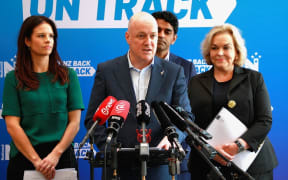 National Party leader Christopher Luxon, Immigration spokesperson Erica Stanford and Science Innovation and Technology spokesperson Judith Collins making a technology policy announcement in Auckland.