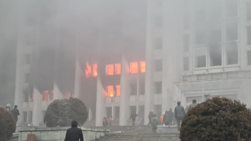 ALMATY, KAZAKHSTAN - JANUARY 5: Protesters enter the governor's office as protests continue across Kazakhstan against fuel price increase, in Almaty, Kazakhstan on January 5 2022.