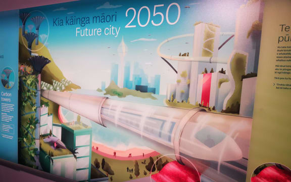 The 'future city' depicted in this Te Papa graphic includes carbon capture technology and a new-generation of flexible solar panels.