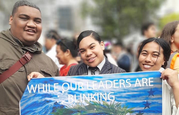 Student Saiaisi Pita, middle, with friends at the School 4 Climate Strike rally in Auckland last Friday.