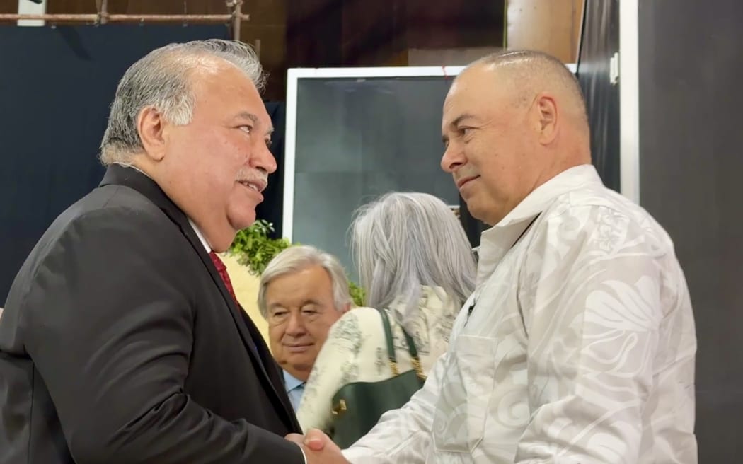 PIF secretary general Baron Waqa, left, and Cook Islands Prime Minister Mark Brown at the 53rd Pacific Islands Forum Leaders Meeting. 25 August 2024