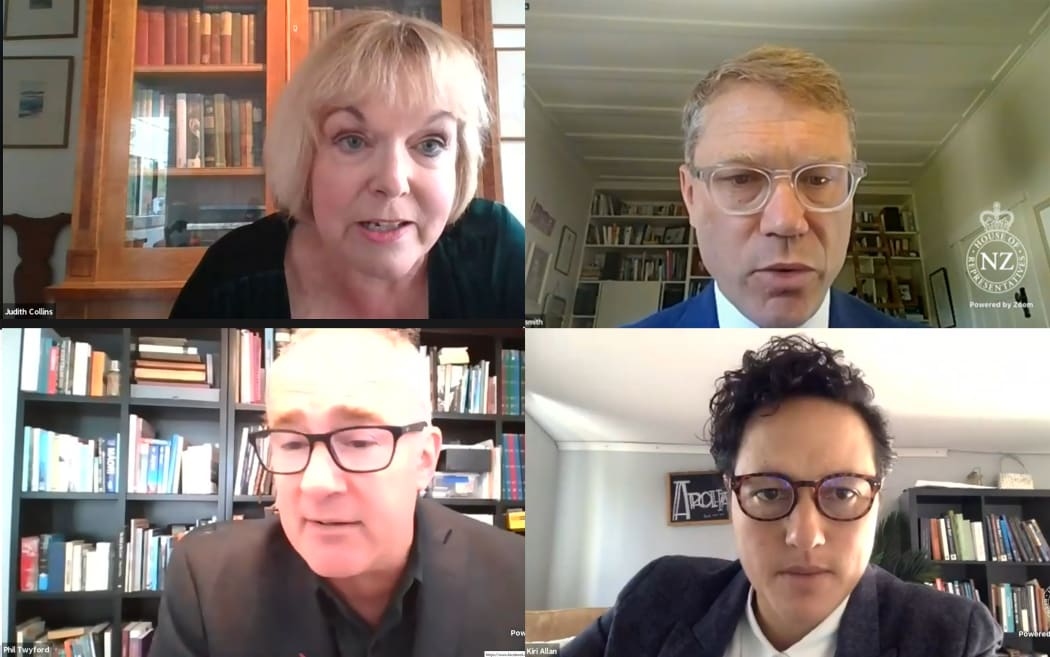 Top left clockwise: National MP Judith Collins, National MP Paul Goldsmith, Labour MP Kiri Allan, Labour MP/Minister Phil Twyford