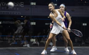 Nele Gilis-Coll and Georgia Adderley at the New Zealand Squash Open, 2025.