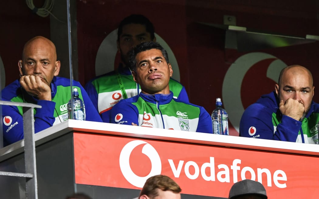 Tony Iro, Head coach Stephen Kearney and Todd Payten. Warriors coaching box.