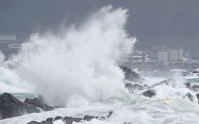 High waves batter the coastline in Seogwipo on the island of Jeju on August 25, as Typhoon Bavi approaches South Korea.