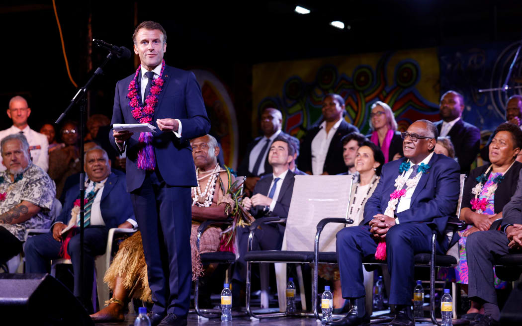 France's President Emmanuel Macron at the Melanesian art festival in Port Vila