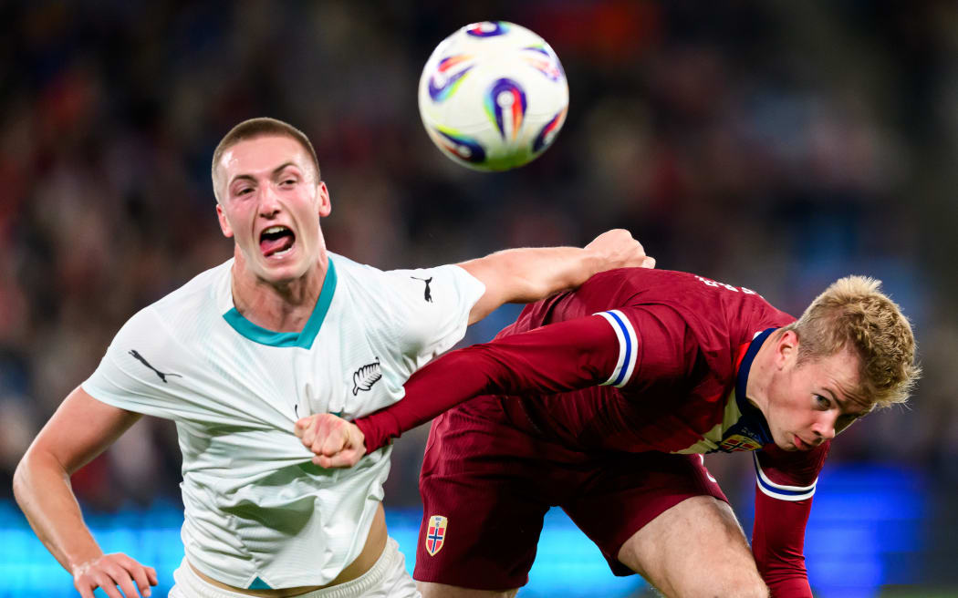 Finn Surman of New Zealand in action against Norway in Oslo, 2025.