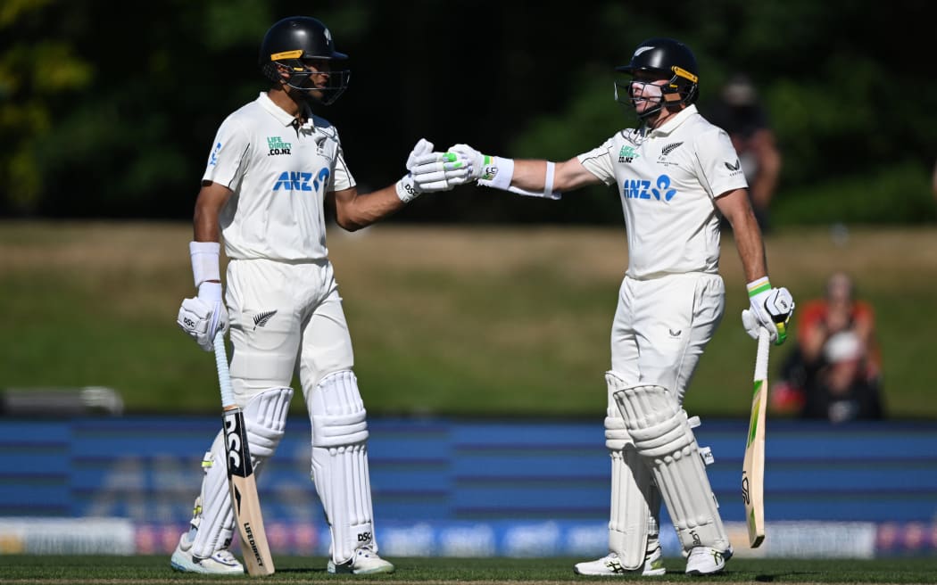 Rachin Ravindra and Tom Latham partnership on Day 3 of the first cricket test match between New Zealand and West Indies at Hagley Oval in Christchurch, New Zealand. Thursday 4 December 2025. © Photo: Andrew Cornaga / Photosport