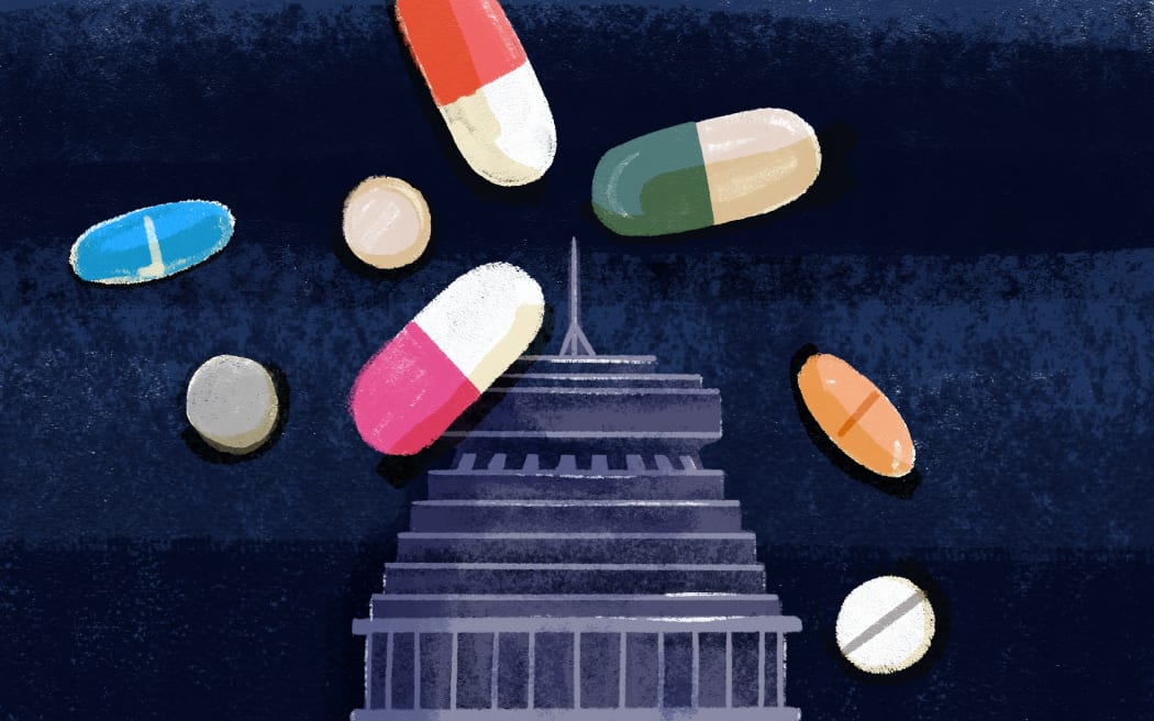 Stylised illustration of the Beehive and large pills