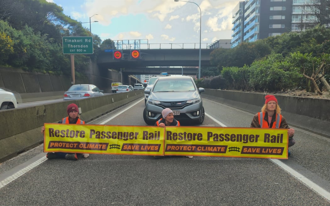 Restore Passenger Rail protest in Wellington on the morning of 4 September, 2023. Protesters sat down on the stretch of State Highway 1 just ahead of the northern entrance to the Terrace Tunnel about 8am.