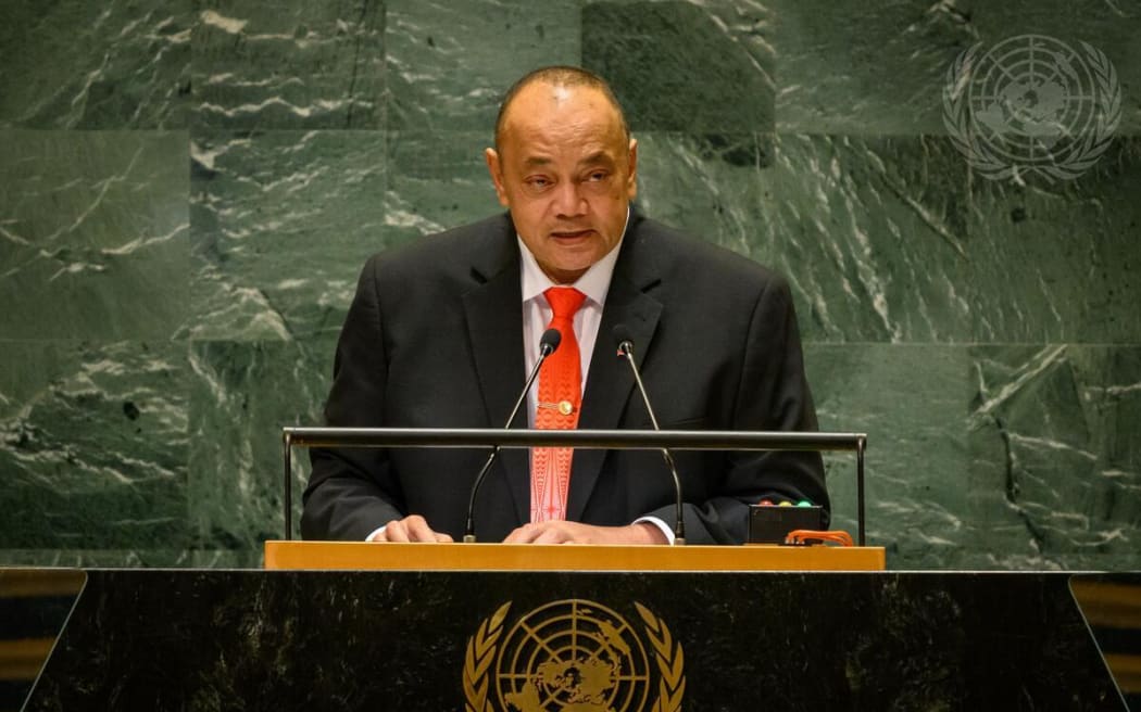 Tonga's Prime Minister Hu'akavameiliku Siaosi Sovaleni addresses the UNGA in New York on 27 September 2024.
