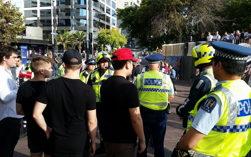 Several Trump supporters at the No Ban, No wall protest in Auckland's Aotea Square.