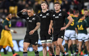 Aaron Smith and team mates show their disappointent at the end of the match after a draw.
All Blacks v South Africa. The Rugby Championship. Westpac Stadium, Wellington, Saturday 27 July 2019.