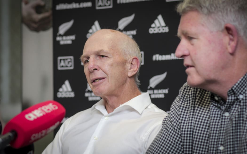 06092016 Photo: Rebekah Parsons-King. Gordon Tietjens steps down as All Blacks Sevens coach.  Pictured: L-R Gordon Tietjens and Steve Tew, NZ Rugby Chief Executive.