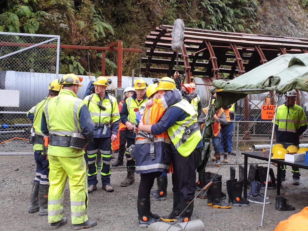Sonya and Daniel Rockhouse embrace before entering the Pike River drift.