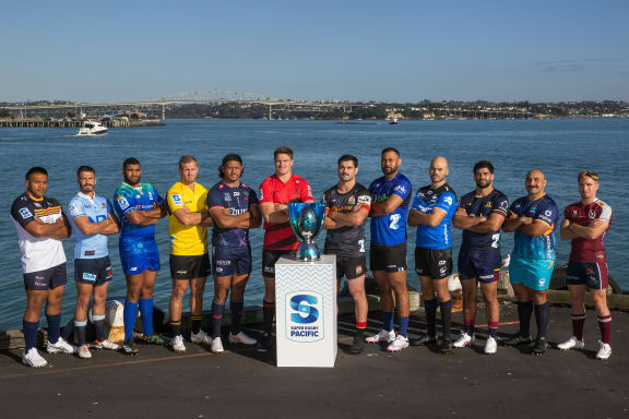 The team captains pose for a photograph with the trophy at the 2024 Super Rugby Pacific Season Launch.