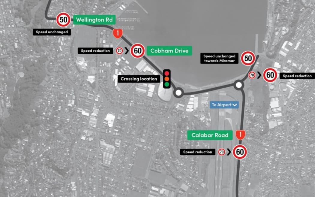 An image showing the location of the controversial Cobham Drive pedestrian crossing in Wellington.