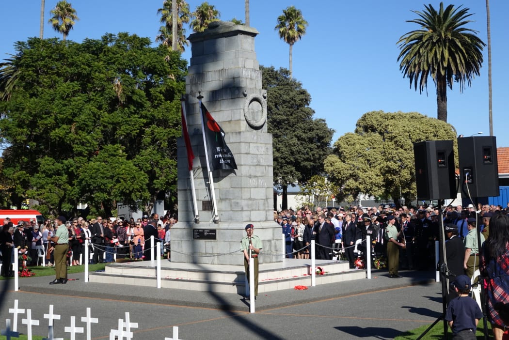 Crowds gather for an Anzac Day memorial service in Napier.