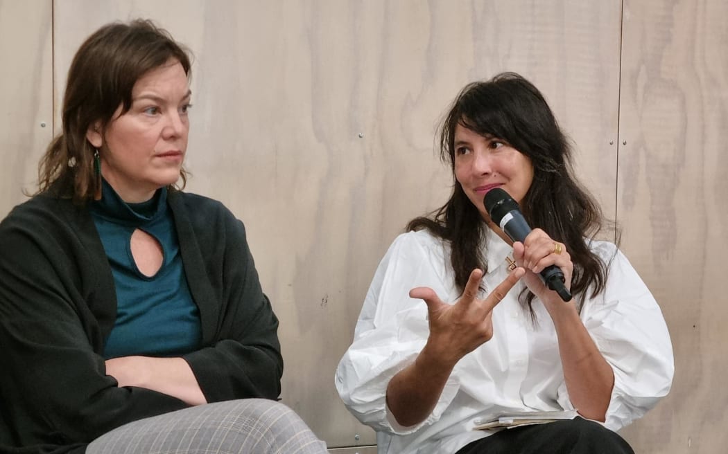 Green MP Julie-Anne Genter and Greater Wellington councillor Yadana Saw at the public panel hosted by Free Fares campaigners and student group VUWSA on 1 May, 2024.