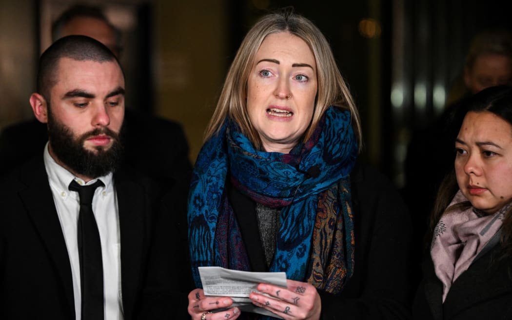 Esther Ghey, mother of murdered teenager Brianna Ghey, reads a statement to the media outside of Manchester Crown Court, in Manchester, north-west England on December, 20, 2023. Two teenagers were on December 20, 2023 found guilty of the murder of 16-year-old Brianna Ghey, who was found with fatal wounds in a park in Warrington in February 2023. (Photo by Oli SCARFF / AFP)