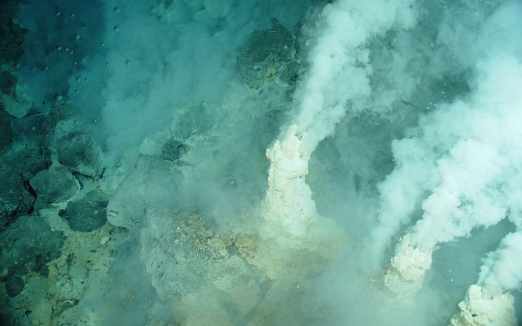An active hydrothermal vent chimney spewing out hydrothermal fluids into the ocean