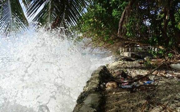 High tides in Marshall Islands in March 2016 hit a seawall.