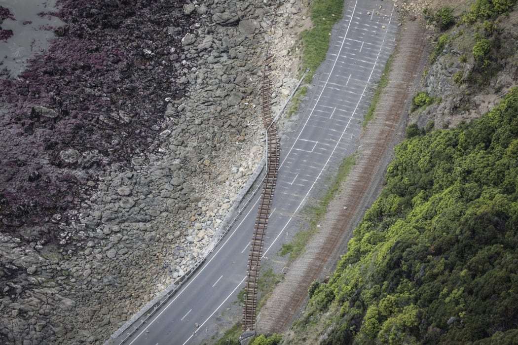 Coastal Road to Kaikoura - rail road cuts through state highway 1