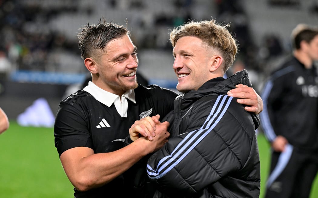 Cortez Ratima and Damian McKenzie of New Zealand after the match. New Zealand All Blacks v Argentina, 2024 Lipovitan-D Rugby Championship test match at Eden Park, Auckland, New Zealand on Saturday 17 August 2024. © Photo: Andrew Cornaga / Photosport