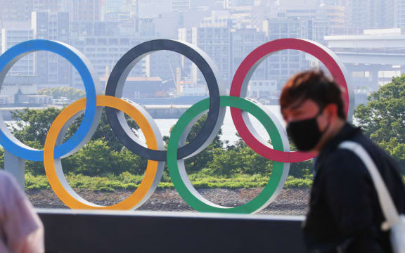 A photo shows a five-ring Olympic emblem at Odaiba Marine Park water area in Minato Ward, Tokyo on May 30, 2021.