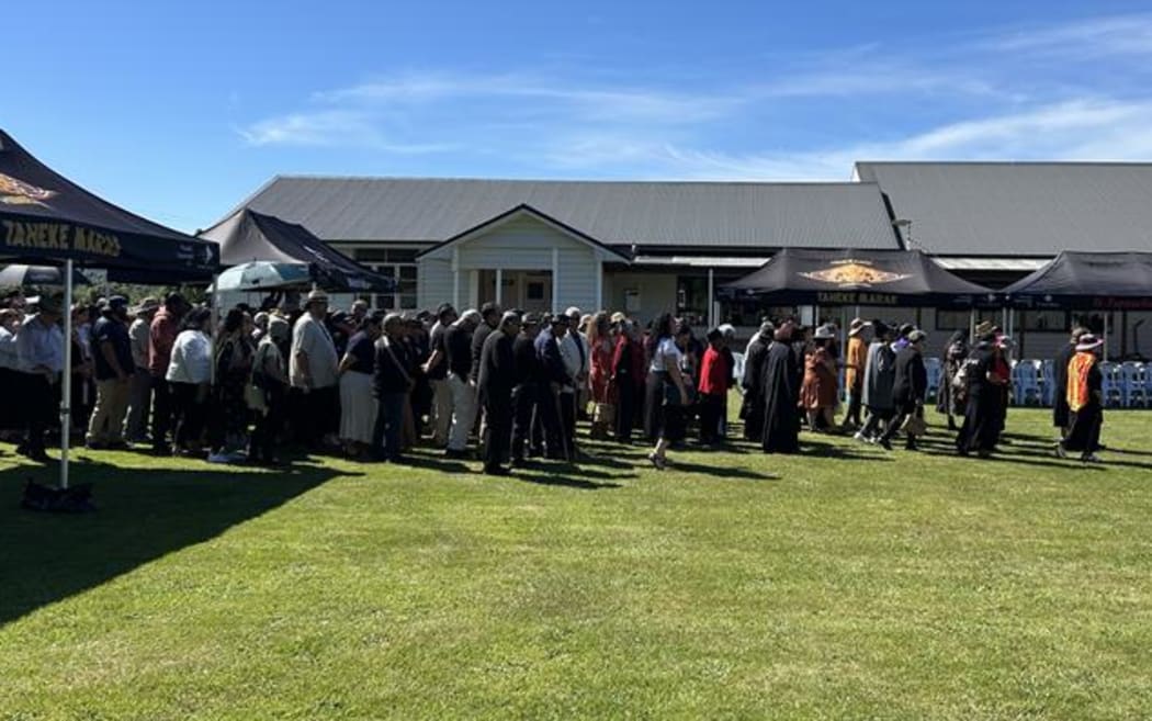 Te Pāti Māori members attend a pōwhiri at Waiatuhi marae.