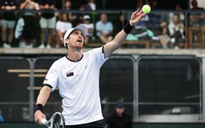 Marcus Daniell serves in the doubles match with his  partner Finn Reynolds of New Zealand playing Altug Celikbilek and Ergi Kirkin of Turkey in the Davis Cup World Group 1 playoff tie at ASB Tennis Centre in Auckland on Saturday, February 03, 2024. Photo: David Rowland / www.photosport.nz