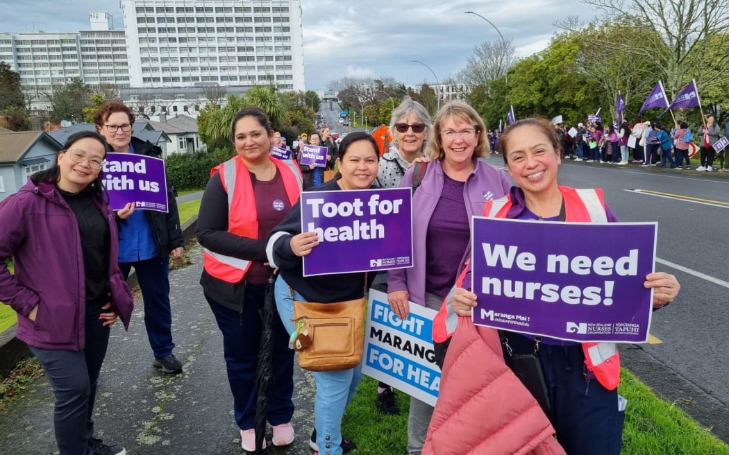 Nurses and supporters protest at Waikato Hospital, Hamilton, 30 July 2025.