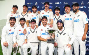 New Zealand team with the series trophy after beating Sri Lanka at the Basin Reserve, 2023.