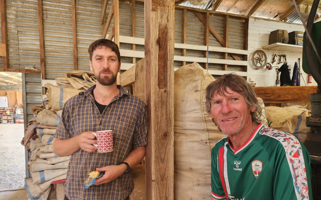 Blade shearing tutors Allan Oldfield and his father Phil at smoko in the woolshed