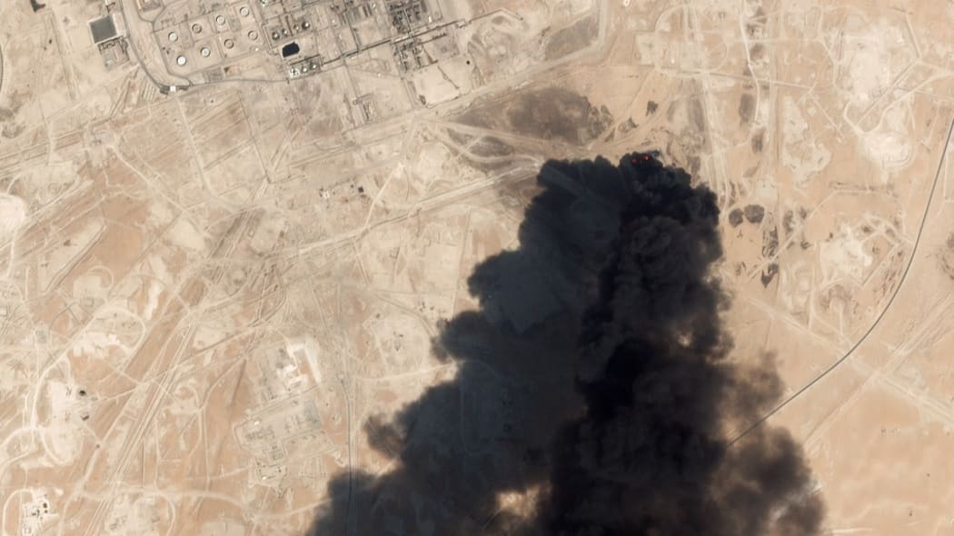 This satellite overview handout image shows damage to oil/gas infrastructure from weekend drone attacks at Abqaiq.