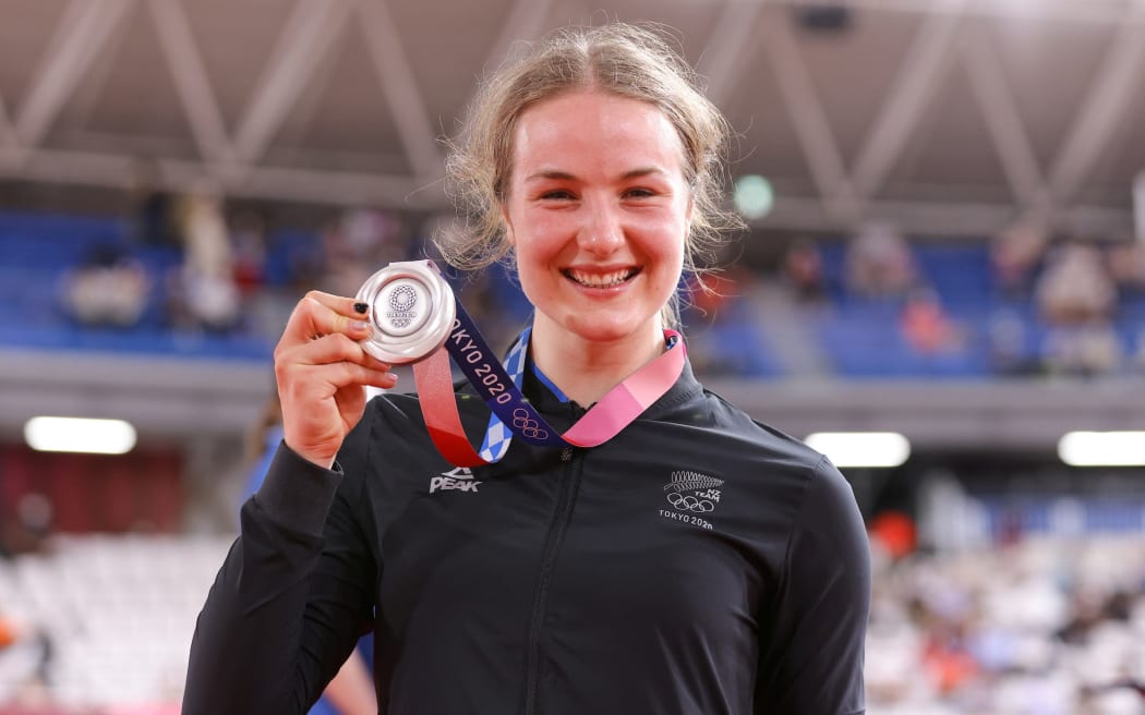 Tokyo 2020 Olympics - 05/08/2021 - Cycling Track - Izu Velodrome, Izu, Japan - Ellesse Andrews of New Zealand with her medal after coming second in the women's Keirin final (Silver)