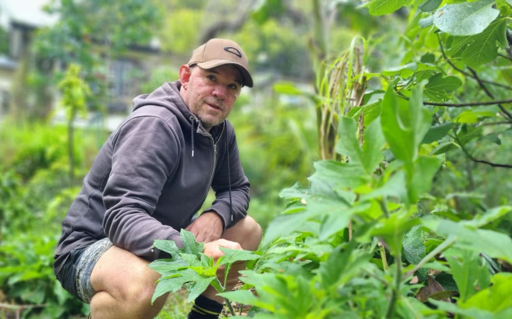 Kevin Hoskin in his Flamingo Food Forest in New Plymouth.