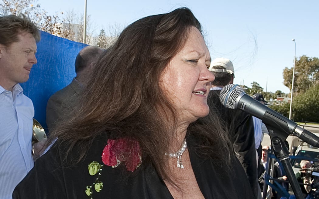 This image taken on June 9, 2010 shows Australian mining magnate Gina Rinehart speaking during a rally in Perth. The world's richest woman Gina Rinehart is believed to have increased her holding in Australian media group Fairfax to more than 15 percent, reports said on June 15. AFP PHOTO / Tony ASHBY (Photo by TONY ASHBY / AFP)