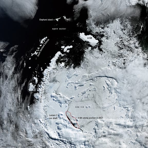 A satellite image of A68a, in February 2020, after two chunks of ice broke loose: A68b and A68c.