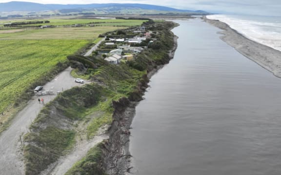 An aerial view of Bluecliffs, perched next to the Waiau River and ocean.
