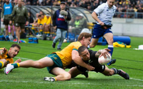 All Blacks halfback Aaron Smith scores during the 1st Bledisloe Cup test match between the New Zealand All Blacks and Australia 2020.