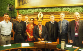 (L to R) Tim, Tom and Joel from Swim for West Papua, Maria Wenda, Benny Wenda, Rt Hon Andrew Smith MP, Peter Tatchell, Lord Harries.