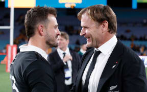 Scott Robertson with Harry Plummer post-game. Wallabies v All Blacks, 2024  Rugby Championship.
