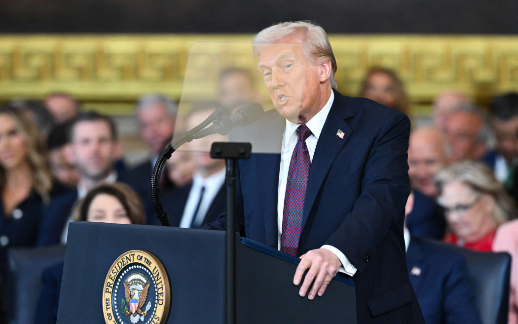 US President Donald Trump speaks after being sworn in as the 47th President in the US Capitol Rotunda in Washington, DC, on January 20, 2025. (Photo by SAUL LOEB / POOL / AFP)