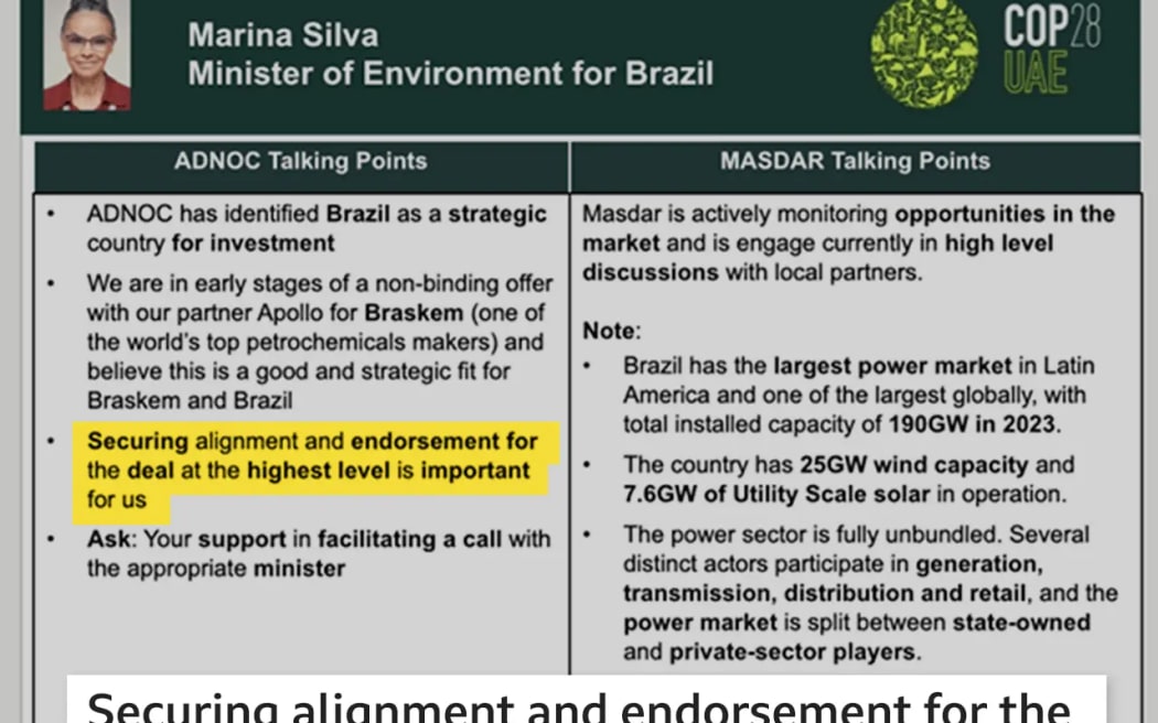 A briefing document by UAE's COP28 team, leaked to the BBC, showing UAE wanted Brazil's support for a petrochemical company bid.