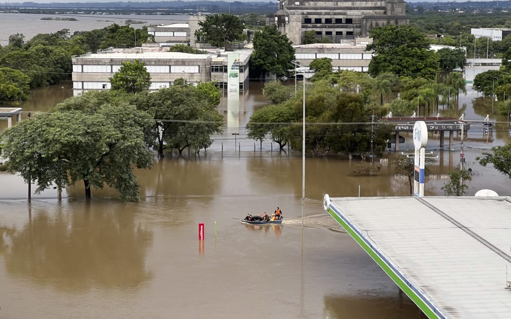 Aerial view of flooded streets at the Sarandi neighborhood in Porto Alegre, Rio Grande do Sul state, Brazil on 5 May, 2024.
