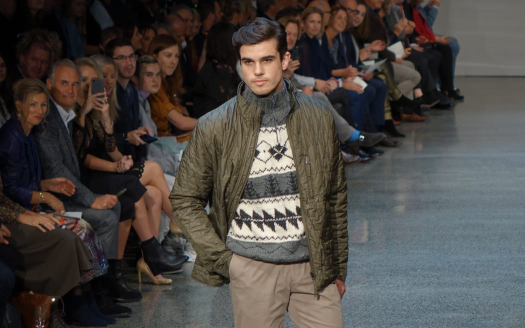 Alex Hillary models the Edmund Hillary clothing brand at New Zealand Fashion Week in 2018.